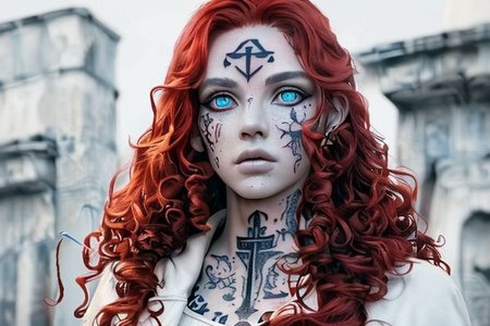 bright red hair, human female, (feminine:1.7), (beautiful face, detailed face:1.6), (beautiful eyes, detailed eyes:1.7), (looking at viewer, eye contact, intense:1.6), (long hair, red hair, curly hair:1.3), , ((masterpiece, best quality, high resolution, realistic, best quality,)), photo realistic, Perfect Face, (detailed face). <lora:GoodHands-vanilla:0.6> <lora:add-detail-xl:0.8>, mage, (Dress White military uniform coat), dagger, rune dagger, glowing runes, , (((glowing magic symbols tattoos, religious tattoos))), ((face tattoos)), glowing tattoos, stone tower in the background