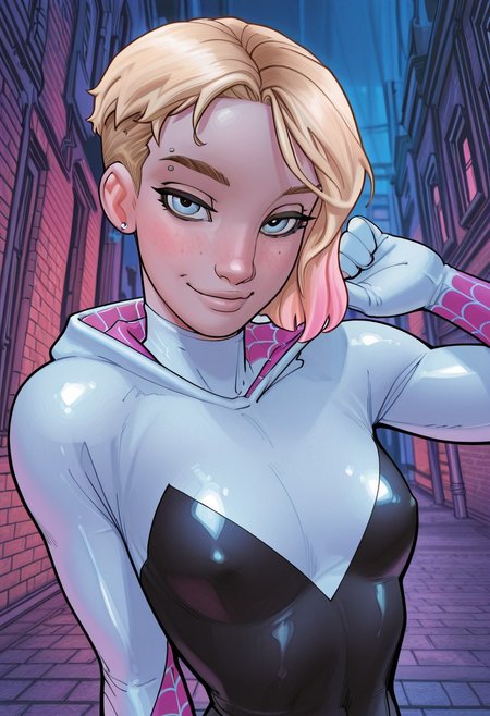 glbmelk, western comic art style,  masterpiece, best quality, aesthetically pleasing, ultra-detailed, absurbres, highres, high quality, detailed eyes, detailed sharp lineart, shiny skin, 8k, sharp focus, beautiful, perfect lighting, beautiful eyes, anatomically correct, anatomically correct face,  female focus, dynamic angle, 1girl, gwenstacyILL , eyebrow piercing, short hair, blonde hair, soft freckles, bodysuit, hood down,  hooded bodysuit, hooded, superhero, skintight bodysuit, spider web print, blonde hair,  eyebrow piercing, short hair, blonde hair, asymmetrical hair, undercut,  freckles,  jewelry, earrings, multicolored hair, pink highlights, cute, small breasts, narrow waist, looking at viewer, portrait, close up, smile, slight blush, parted lips, removing hood, dynamic pose, new york alley, brick building, wires, night, 
<lora:GlebMelkinov_Artstyle_Illustrious-000005:1>