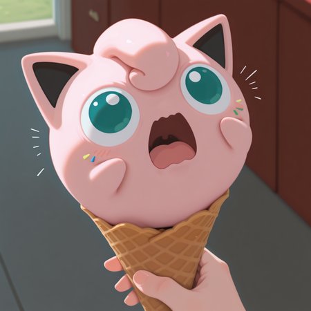 embedding:IllusP0s, g00se, jigglypuff_\(pokemon\),animal focus, cute, no humans, close-up, holding, icecream cone, sprinkles, wavy mouth, screaming, intense, effort,<lora:g00se_v2_ill.safetensors:0.9:0.9>