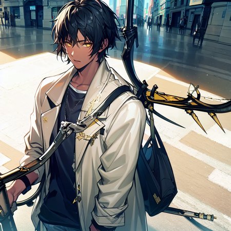 (solo:1.5),(masterpiece:1.5),(best quality:1.5),(bust:1.3),Amazing,beautiful detailed,extremely detailed wallpaper,extremely detailed CG unity 8k wallpaper,extremely delicate and beautiful eyes,1boy, thorn,long weapon,street,building,africa,shoulder bag, look at view, yellow eyes,white long coat,black t-shirt,