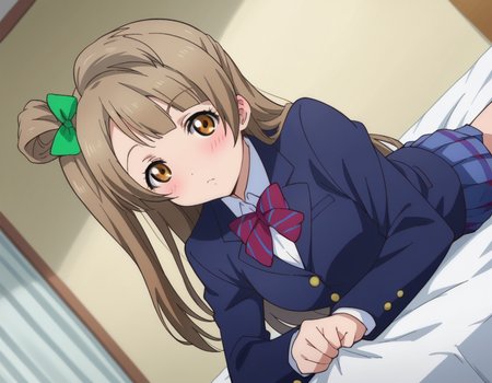 score_9, score_8_up, score_7_up, source_anime,
kotoriminami, <lora:kotori-minami-s1-ponyxl-lora-nochekaiser:1>,
kotori minami, brown hair, brown eyes, one side up, hair ribbon, ribbon, long hair,
blazer, blue skirt, jacket, otonokizaka school uniform, pleated skirt, school uniform, winter uniform,
indoors, bed, bed room, on side, blush, drunk,
looking at viewer, dutch angle, cowboy shot,