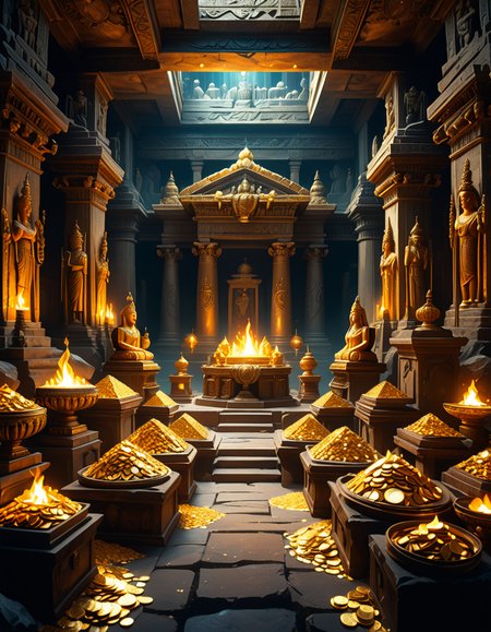 score_9, score_8_up, score_7_up,amazing quality, ultra realistic, 3D, HD, best quality, amazing quality, very aesthetic, absurdres
A hidden treasure chamber deep within an ancient temple, illuminated by the warm golden glow of torches and mystical blue light from enchanted crystals. The room is filled with piles of gold coins, jewel-encrusted goblets, and ancient artifacts covered in dust. Massive stone statues of forgotten deities guard the chamber, their eyes glowing faintly as if watching intruders. In the center, a grand pedestal holds a legendary artifactâan ornate golden crown encrusted with emeralds and sapphires, shimmering with an otherworldly aura. The walls are adorned with intricate carvings depicting lost civilizations, and creeping vines hint at centuries of abandonment. The atmosphere is mystical and slightly eerie, with a sense of both wonder and danger. The air is thick with the scent of aged parchment and burning incense, adding to the chamberâs ancient and mysterious feel. Cinematic lighting with dramatic shadows enhances the depth and richness of the scene, creating a visually stunning and immersive environment.
<lora:SDXLFaeTastic2400:0.4> <lora:extremely_detailed:0.4> extremely detailed,treasure ch4mb3r, <lora:treasure_ch4mb3r-p:1>