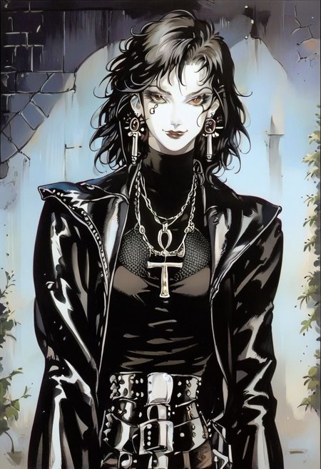 score_9_up, score_8_up, score_7_up, sad 1girl, dark theme, low light, character focus, dinamic composition, best quality, 1990s \(style\), noir, kojima ayami, perfect anatomy, looking at viewer, smile, calling with the finger BREAK Ladydeath, chainmail top, seethrough top, leather pants, egyptian cross on necklaces, goth make up, messy hair, pale skin, eye of ra, thight clothes, BREAK night, street light, alley