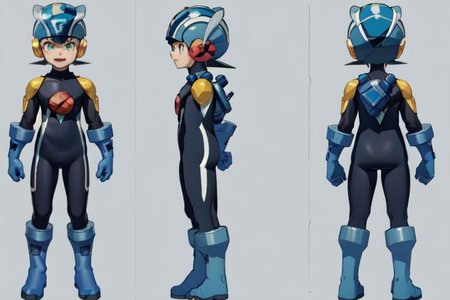 (masterpiece, official art, simple background), best quality, 1boy, solo, chara-sheet, megaman, (blue footwear, boots), (blue headwear, helmet), (indigo bodysuit:1.5), covered collarbone, yellow pauldron, full body, blue gloves, green eyes, looking at viewer, male focus, open mouth, smile, solo, standing, muscular, large pectorals, thick thighs