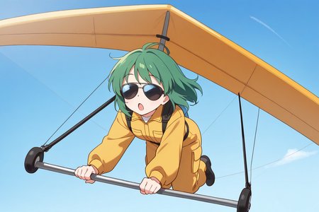 hangglider, hang_glider, 1girl, solo, green hair, medium hair, jumpsuit, aviator sunglasses, flying, sky, day, open mouth, :o