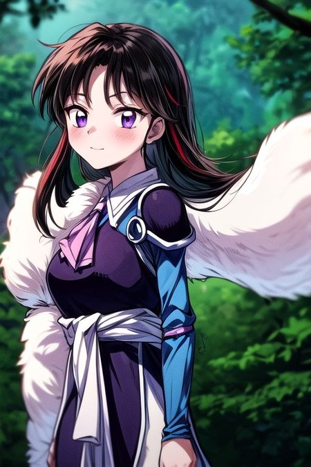 masterpiece,  best quality 1girl Setsun4 solo long hair,  (night time) forest background black hair very long hair purple eyes multicolored hair armor (fur trim) (medium body),<lora:EMS-179-EMS:0.800000>,<lora:EMS-293862-EMS:0.800000> bow, hair_bow, hair_tubes, red_bow, brown_hair, long_hair, bangs, ascot, frilled_bow, yellow_ascot, blush, smile, hair_between_eyes, athletic, armor, miko