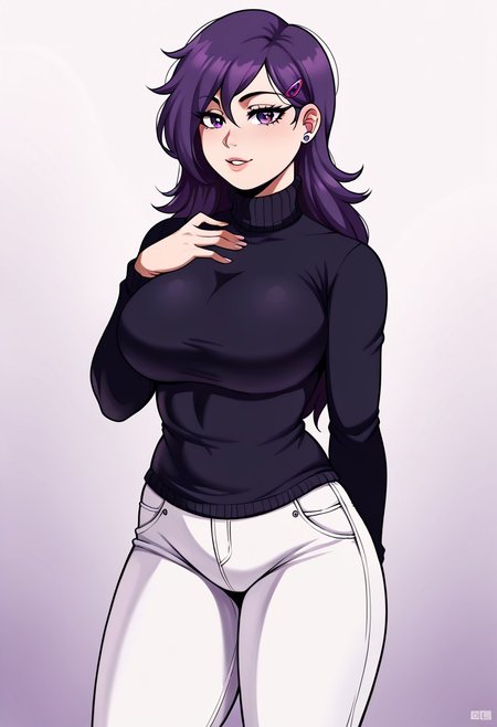 score_9,score_8_up,score_7_up,score_6_up, <lora:Lunas-JLullaby-SDXL-A3:1>,  4k, 8k, masterpiece, jlullaby, 1 girl, solo, detailed eyes, detailed face, detailed hair, beautiful eyes, big breasts:1.6, thighs, curvy, thick thighs:1.5, ddlcyuri, hair ornament, hairclip, long hair, purple eyes, dark purple hair, white knee-high socks with a grey stripe. Her long, deep violet hair is still straight but now with a few strands hanging over her face. messy hair, standing, hand up, hand on chest, A sleek, fitted jacket with a high collar and subtle details like embroidery or studs. Choose a pair of fitted, high-waisted trousers. Dark colors or plaid patterns can add to the elegance and edge. form-fitting, long-sleeve blouse or turtleneck underneath the jacket.