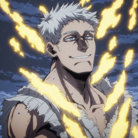 solo, torn clothes, anime, male, short white hair, floating, raining, dark clouds, wet, barefoot, pectorals, grey eyes, yellow glow, yellow aura, yellow fire on body, smile, smoothanime, easynegative, ng_deepnegative_v1_75t, score_9, score_8_up, score_7_up, score_6_up, score_5_up, score_4_up, source_anime, old man, older male, old, older, aged, older male, old facial features, weathered, bara, empty eyes, negative_hand, EyesHD, 