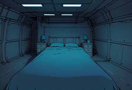 ship's master bedroom with four blank walls, underground, no windows, thick lines, solid walls, clean and tidy, old room, furnished king-size bed, ship bedroom, grunge, anime screencap in vwst artstyle, lineart, flat colors, high-definition 8k, best quality, high quality, ultra-detailed