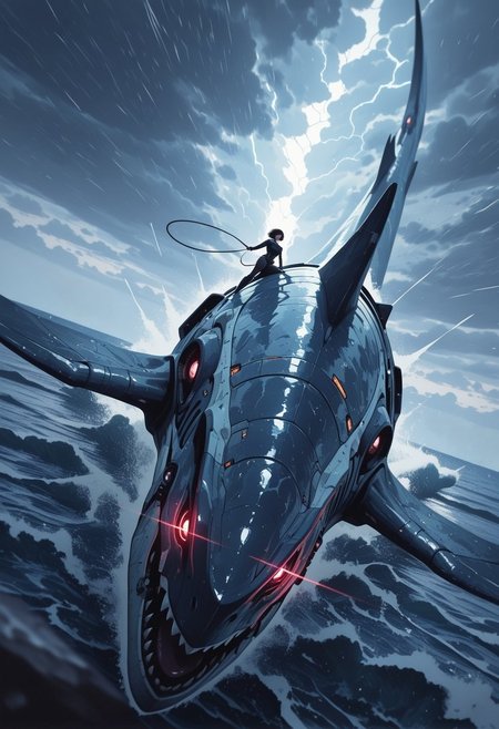 masterpiece, best quality, good quality, very aesthetic, absurdres, newest, 8K, depth of field, focused subject, 1girl, solo, holding leash, riding on megalodon, ocean, storm, sci-fi, lighting, attack, dynamic angle,
,in the style of cknc,

<lora:ck-shadow-circuit-IL:0.6>

<lora:MoriiMee_Gothic_Niji_Style_Illustrious_r1:0.4>
<lora:ck-nc-cyberpunk-IL-000011:0.4>