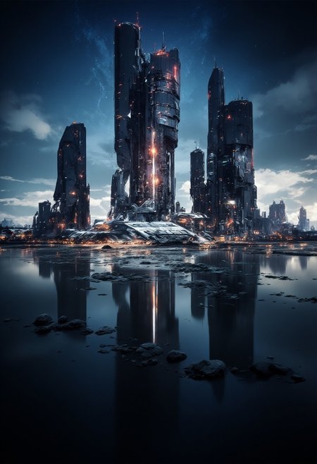 Inkpunk Anime, rough, textural, broad brush strokes, a futuristic sci-fi city with tall, perfectly reflected in a tranquil, still lake, at night, surreal colours, detailed night sky with stars and nebulas, mythp0rt