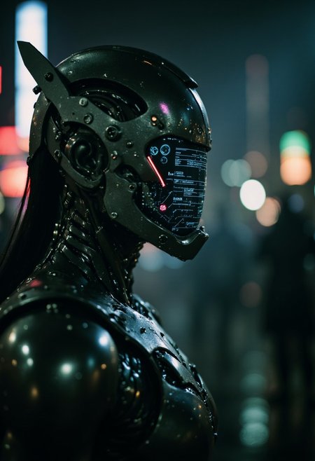 Animox, a closeup side-profile shot of a cyber-scout, a biomechanical warrior with a sleek, high-tech exoskeleton. Its body is encased in reinforced kevlar plating, offering a blend of protection and agility. The face is obscured by a translucent, glowing screen, displaying shifting digital data and information streams, giving the appearance of a constantly evolving, synthetic mind. The screen flickers with neon glows, casting sharp reflections on the surrounding environment. Pulsating biomechanical tubes run along its sleek form, connected to its organic-mechanical fusion. The armor is an intricate mix of matte black kevlar and polished chrome, enhanced with glowing accents that pulse rhythmically. Piercing, biometric eyes flicker behind the screen, hinting at a sharp intellect and calculating nature. Its posture is alert and poised, prepared for action, a silent yet dangerous presence in the shadows. The background is drenched in a moody, atmospheric haze, with dynamic, high-contrast lighting illuminating the cyber-scout from the side. Soft shadows and glowing highlights dance across the armor, adding to the surreal tension. Volumetric lighting cuts through the scene like a blade, emphasizing the scout’s deadly focus. The color palette is dark, with sharp metallic silvers, deep blacks, and hints of neon green and blue reflecting off the screen. Cinematic film grain, hyperrealistic textures, and ultra-sharp details create a high-tech, dystopian ambiance, while motion blur trails behind the scout, adding energy and momentum. This cyber-scout feels like a blend of futuristic intelligence and cold precision, a perfect fusion of man and machine, prepared for its next mission in a dangerous, dystopian world.