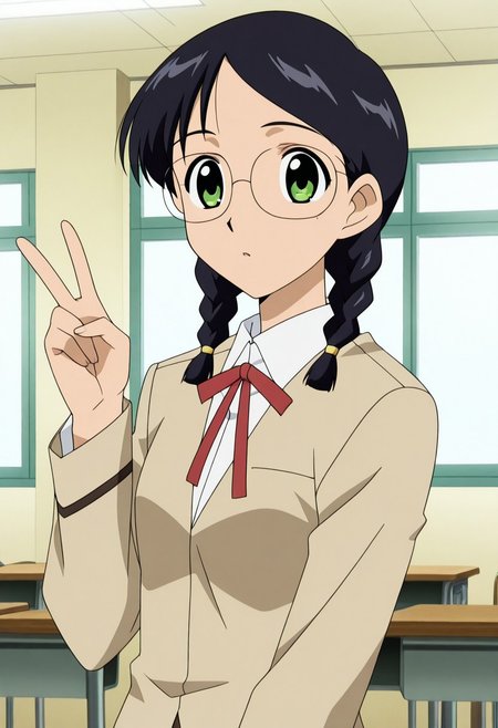 1girl, source anime, anime screencap,Yuukianime, black hair, glasses,, twin braids, green eyes, peace sign, school uniform, indoors, upper body