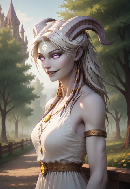 (absurdres, best quality, masterpiece:1.4), score_9, score_8_up, score_7_up, score_6_up, detailed, detailed body, detailed face, 

(culDraenei, female, purple eyes, no sclera, no pupils, athletic, tall, slim, pale skin, grey skin, long ears),

(long white dress), 

soft smile, upper body, side view, looking to viewer, 

hilly background, lakeside, trees, hedges, path