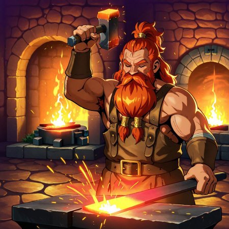 masterpiece, best quality, newest, absurdres, highres,  anime, anime style, Smithing-IL.V1.1, hammer, holding, holding hammer, holding weapon, weapon, 1boy, dwarf, short posture, forge, fire, sparks,