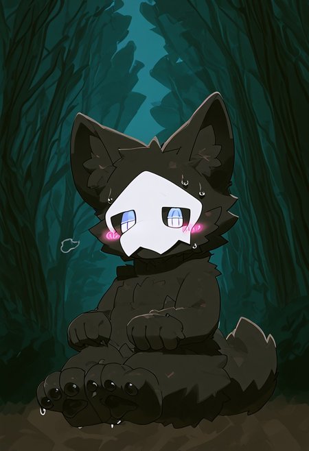 zPDXL2, furry, anthro, cute, kemono, male focus, score_9, score_8_up, score_7_up, full body, digital art, highly detailed, looking at viewer, standing to viewer, full view, puro, black latex, furry, changed, white eyes, white mask, black fur, 1boy, solo, (((moody nighttime atmosphere, night forest background))), (((sitting))), dynamic
BREAK volumetric lighting, (((dashed_eyes, blush, tears, sweat))), lv1rubili