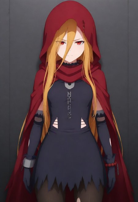 masterpiece, best quality, amazing quality,,, shiny skin,,,,,, <lora:Evileye:1> N4rb3r4lG4mm4, red eyes, blonde hair, very long hair, hair between eyes, torn clothes, hood, pantyhose, black dress, gloves, chain, hooded cloak, shackles,