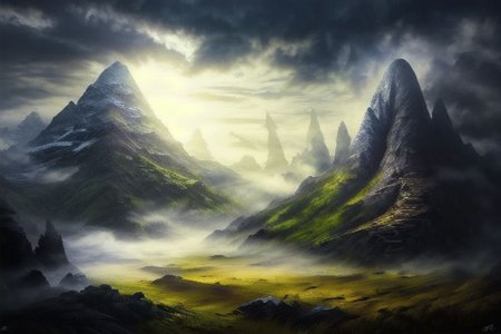RAW photo, (masterpiece:1.3), subsurface scattering, heavy shadow, (high quality:1.4), (intricate, high detail:1.2), professional photography, HDR, High Dynamic Range, realistic, ultra realistic, photorealistic, high resolution, film photography, ambient lighting, atmospheric effects, <lora:detail_slider_v4:2>, OverallDetail, epic medieval fantasy, fanmou, a huge and sinister mountain peak in the background shrouded in fog and dark clouds, <lora:Fantasy_Mountains:1>,  <lora:fantasyAI:0.6>, tanjoreai, epiCPhoto