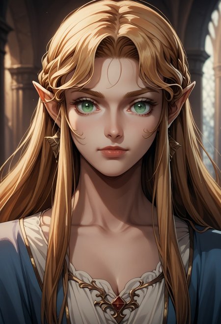 source_anime, C4STL3V4NI4, castlevania_(netflix) ((score_9)),score_8_up,score_7_up,score_6_up,score_5_up,score_4_up, retro_artstyle, anime style, 1woman, Princess Zelda, blonde hair, large breasts, (green eyes), looking at viewer, facing viewer, masterpiece, best quality, highres, best illumination, depth of field,