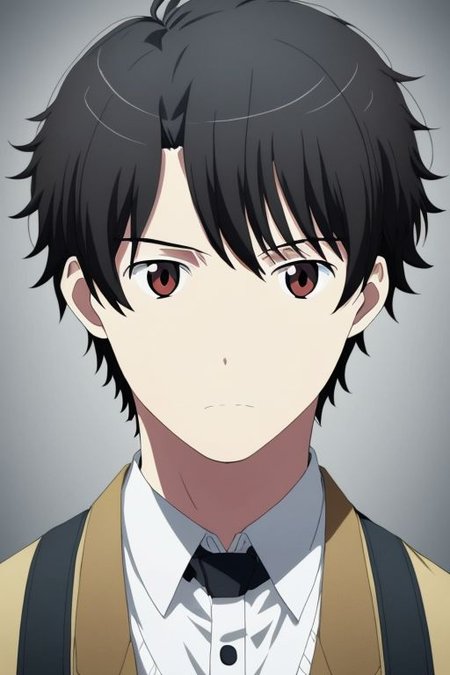 high resolution, solo, best quality, 1Boy, Portrait, Inaho Kaizuka, Black Hair, portrait, looking at viewer, focused gaze forward, upper body, head upright, frustation,