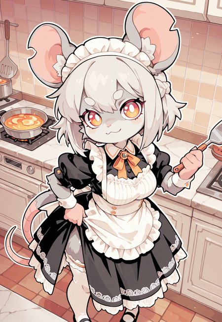 perfect eyes, S4bit4mago_illu, anime style, s0wasow4rt_illu, masterpiece, best quality, high quality, newest, highres, (chibi rat), score_9, score_8_up, score_7_up, Nameless_Style, rat girl, _Style, rat, furry:1.2, Cartoon_Type, solo, curvy, fluffy1.3, shortstack rat girl, large chest, lace styled dress, maid outfit, kitchen, long dress, from above, panoramic view of kitchen, , thick white outline, curvy, white lace, thigh garter, face focus, fabric, intricate lace, intricate details:1.2, long dress, gray fur, french braid hair, stockings, cooking, standing upright, pigeon-toed, tail, dainty pose, confident, proud, at an angle, dynamic angle, calm, hand on dress hem, cooking, countershade fur, stylish, pose, extremely detailed, high quality, cute background, 