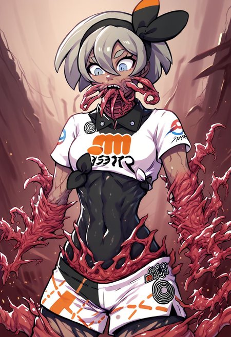 score_9, score_8_up, score_7_up, score_6_up, score_5_up, score_4_up, 
pokemonbea, blue eyes, dark skin, dark-skinned female, grey hair, hair between eyes, short hair, ribbon, hair ribbon, hairband, black ribbon, black hairband, bodysuit, covered navel, shorts, single glove, glove, crop top, white shirt, short sleeves, collar, white shorts,
Standing in valley
 Bea morphing into fleshmutant,  grotesque transformation, infected, mutating, morphing into fleshmutant, Corruption, infected, fleshmutant, half transformed, mid transformation, x morphing into y, Bea morphing into fleshmutant,  mid transformation, grotesque transformation, red tendrils under skin, tendrils in face, red tendrils coming out of mouth