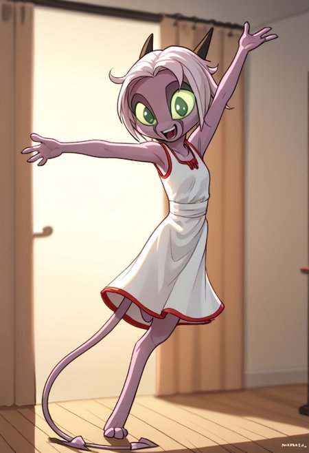 score_9,score_8_up,score_7_up,
namah-calah-v2, 1girl, , solo, , horns, tail,
furry female, animal ears, solo,  <lora:namah_calah_v2_edit:0.8>,
child, kid, dancing, dress, inside, happy,