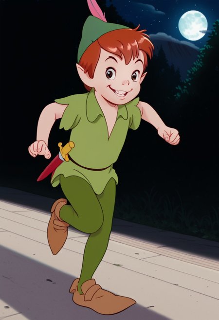 score_9, score_8_up, score_7_up, highly detailed, CuteCartoonStyle, cute boy, 1boy, solo, green hat, pink feather, red hair, pointy ears, brown eyes, green shirt, small sheathed dagger, green pants, brown footwear,  at night, full moon, running, motion blur, smug smile, park
DSCStyle, round eyes, exaggerated proportions, cartoonish features, anime-inspired, cute aesthetics, cartoonish proportions, highlights,smooth lines, glossy highlights, minimal detail, clean outlines, consistent line weight, gentle highlights