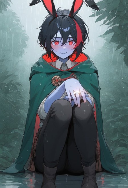 score_9, score_8_up, score_7_up, score_6_up, score_5_up, (art, rain, wet, bunny ears, metal floor, (wedding ring), sitting, knees up, green cape, tattered cape, hood up, tattered shirt, black pants, hair ornament, 1femboy, bob hair, black hair, red streak, blue skin, smile, blush, jungle background)