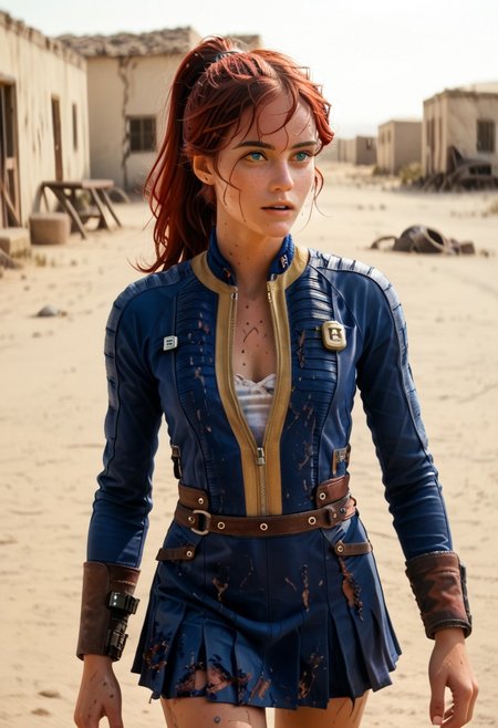 1woman, Masterpiece, 8k, ultra high detail, score_9, score_8_up, score_8, 21yo,  small breast size, long red hair in ponytail with bangs, fcNeg, stunning blue eyes, freckles, tan skin, small nose, innocent beauty, slim face,  skinny athletic body:0.8, toned body, perfect body, extreme detail, light Sweating, 
FalloutCinematic, the remnants of an old vault tec jumpsuit, wearing a mixture of an old vault-suit and leather and metal armor, leather skirt, deep,  cleavage:0.8, 
ready to fight, never giving up, dirty clothes, 
Desert scifi Wasteland, walking on decaying road in Mojave wasteland, 
Heat_shimmer,  wasteland, destroyed Collapsing buildings in near background, 
End of the World,  
negative_hand, NightScapes,