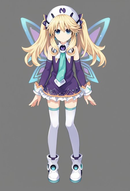Histoire \(neptunia)\, blonde hair, blue eyes, long hair, twintails,, short dress, hat, necktie, thighhighs, white legwear, fairy wings, footwear, boots, detached sleeves,, short,   standing,   score_9, score_8_up, score_7_up, ,source_anime, best quality, masterpiece,   , full body view ,  1girl , solo , girl focus ,