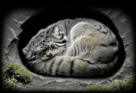 closeup of a sleeping manul curled up in a hole, Otocolobus manul, curled up, mossy rocks, moss, shrubbery, black background, black and white, sepia, Jed-Pen