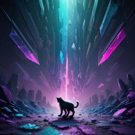 a cat whose omnipotent powers sits in a cyberpunk street, collide.highest quality, enhanced quality, creative, beautiful, vibrant, masterpiece, 8k, amazing details, amazing quality, amazing artist, sharp edges, detailed textures, full view, atmospheric lighting, amazing visuals, crystals fantasy, crystals, crystal, bg_imgs, cyberpunk, neon lights, science fiction, view from above,