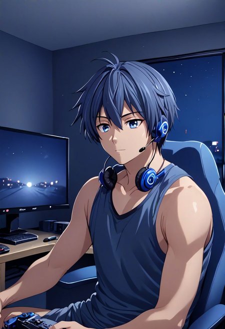 high resolution, solo, best quality, 1Boy, Tomoya Okazaki, Grey Blue Hair, gamer, bedroom, night, pc, sit, headset, portraits, OverallDetail