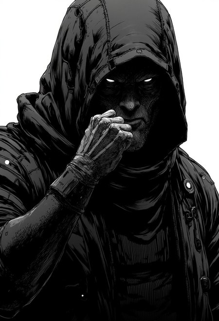 nistyle, Monochrome Manga Sketch, Upper Body Closeup: A dark, menacing feudal hooded ninja boss, standing in a fighting stance with his fist raised. His expression is intense, brows furrowed, and eyes narrowed with a cruel, calculating glint. His face is framed by a high collar that rises around his neck, casting deep shadows across his features. Fine lines create intricate detail on his scarred face, with each wrinkle and scar telling a story of countless battles. His hood partially obscures his face, leaving only the bottom half visible, but the darkness under the hood adds to his terrifying presence.
The sci-fi elements blend subtly with the traditional ninja attire—his armor is fused with sleek, high-tech plating that glimmers faintly in the shadows. Thin, glowing lines trace his armor, barely visible in the dark, offering a hint of advanced technology.