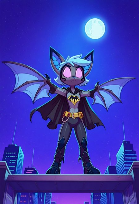 Dreamkeepers,1girl,Prelude_Vanth,solo,furry,source_furry,blue hair,wings,furry,bat wings,
kid, child, 
masterpiece, high quality, highest detail, serious expression, batman costume, black cape, batman mask, night, moon, standing on top of skyscraper, bat signal in the sky,