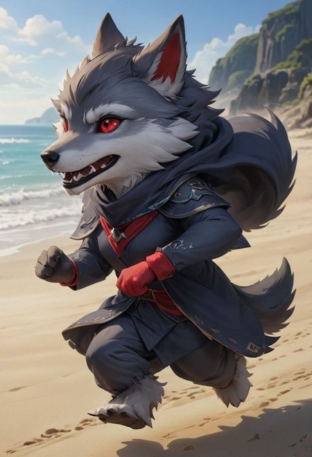 furry wolf, gray wolf, chibi, with red eyes,  beach,
pants or shorts, furry body
full-length frontal view, flight phase during running, legs above the ground, wind blowing the cloak, fast running,
Hyperrealistic art high-quality portrait flat matte drawing of a cute Nendoroid and cartoon style, anime flat style, thick drawing, medium close-up", (solo:1.2), photorealistic:1.5, 8k, texture skin, realistic skin, detailed skin, highest detailed, extreme detailed, 8k wallpaper, colorful, (dark magic), ring with the stone, (intricate details), (hyperdetailed), 8k hdr, high detailed, lot of details, high quality, soft cinematic light, atmospheric perspective (focus on), color Ink wash painting, Extremely high-resolution details, photographic, realism pushed to extreme, fine texture, incredibly lifelike, two people, two children