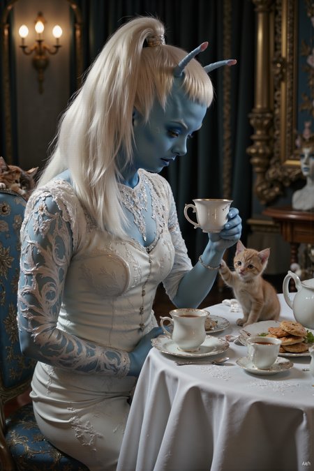 A hyper-realistic portrait, photorealistic photo close-up image of  In an opulent parlor room, an Andorian woman with a long, white, neat ponytail tied with a satin ribbon sits at a round table draped in lace, pouring tea from a delicate porcelain teapot. She wears a high-necked, lace-trimmed dress, her blue skin contrasting beautifully against the pale fabric. Her antennae twitch slightly as she listens to the animated chatter of her friends, a group of finely dressed human women seated around the table. The soft clinking of teacups and the scent of fresh scones fill the air, but as she raises her cup to her lips, she suddenly freezes, her antennae standing upright. A small, determined kitten, unnoticed until now, has climbed up the table and is batting playfully at her long ponytail, mistaking it for a toy. The Andorian woman lets out a surprised laugh, her calm composure cracking as the kitten tugs at her hair, while her friends burst into giggles at the unexpected intrusion. Setting down her cup, she scoops the kitten into her arms, her smile warm and amused, as the kitten purrs contentedly in her lap. (photography, high-resolution, dynamic, energetic,hyper-realistic, dramatic lighting, shallow depth of field.), detailmaximizer, MythP0rt<lora:midjourney_whisper_flux_lora_v01:0.55><lora:aidmaMJ6.1-FLUX-V0.1:0.4><lora:FluxMythP0rtr4itStyle:0.4><lora:detailed_flux_ntc:2.2><lora:aidmaImageUpgrader-FLUX-V0.1:0.65><lora:andorian_FLUX>