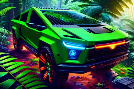<lora:forestoftemptation_Lora300:1> digital painting of a dark cybertruck  in a jungle , splashes of bright colors. highly hyper detailed and intricate environment. epic. depth of field. 8K.