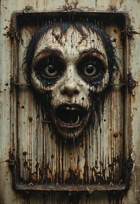Grotesque visage peering from rusted grate, lighting, <lora:Melting_world:0.8>, <lora:Colorful_Matrix_SDXL:0.8> mad-mtrx