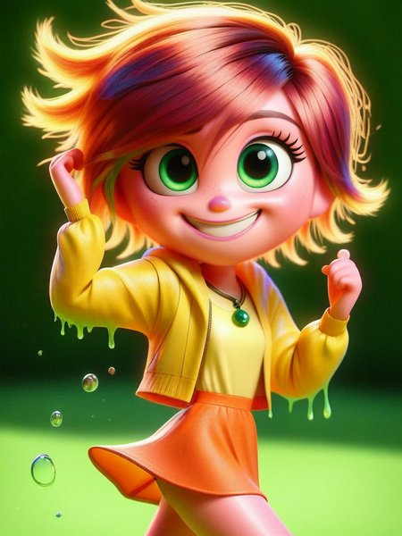 score_9, score_8_up, score_7_up, score_6_up, 1girl, colored skin, pink skin, cute girl with green slime, (pink short hair, green eyes, fluffy hair, happy), orange short dress, bare legs ,big yellow jacket, green pendant, looking at viewer, cowboy shot, dynamic pose, smile, cute, wide shot, solo, dutch angle, detailed background, slime \(substance\), forest, splash art,
cartoon,  <lora:InsideOutCH_Style:1> InsideOutXLP, chibi,