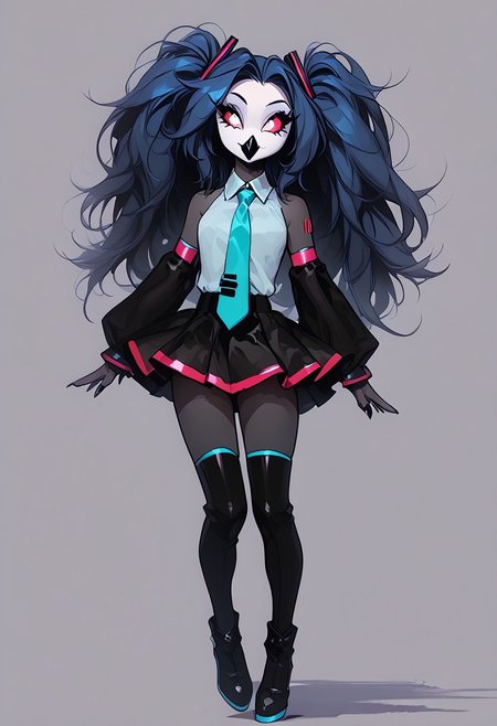 score_9, score_8_up, score_7_up, score_6_up, 1girl, solo, octavia, octavia, avian bird demon owl owl_demon, beak, red sclera, from hellova boss, anthro furry, long blue hair, twin tails, holding microphone, perfect face, perfecteyes, sexy, sexy girl, beautiful eyes,  dancing, dynamic angle, full body shot, red eyes, glowing eyes, pop star, singing, <lora:hatsune-miku-cosplay-ponyxl-lora-nochekaiser:1>, hatsunemikucosplay, hatsune miku \(cosplay\), aqua necktie, black footwear, black skirt, black sleeves, boots, collared shirt, detached sleeves, grey shirt, necktie, pleated skirt, shirt, skirt, sleeveless, sleeveless shirt, thigh boots, tie clip,