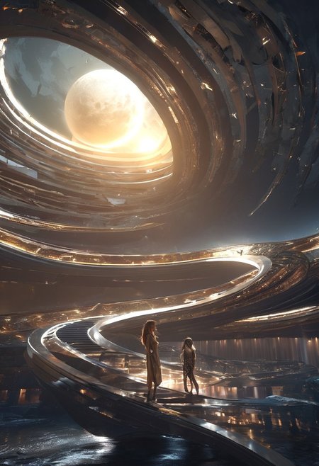 score_9, score_8_up, score_8_up, beautiful girl, futuristic model, wild playful hair, in an action spell-casting pose, summoning her magics, glowing light swirl in orbit around her, sly smile. Beautiful and dangerous atmosphere. Standing in the shadow of a wrecked building, water gushing like waterfalls from high up the building. A large partially shattered moon in the sky. From below. Resplendent spotlight highlighting, cinematic composition and lighting. Masterpiece. 8k. Very detailed.