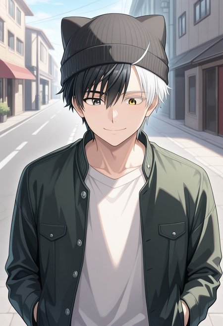 masterpiece,best quality,amazing quality, source_anime, 
sakuharuka, 1boy, male focus, solo, heterocromia, grey eyes, yellow eyes, split-color hair, black hair, white hair, shirt, sweater, jacket, hat, beanie, animal hat, smile, cute, outdoor, street,