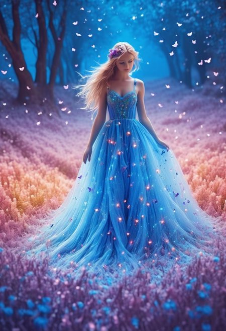 (8k analog photo,magical landscape:1.2),
An enchanting faerie in a blooming meadow, Looking at viewer, Blue eyes, surrounded by butterflies and colorful flowers. Her dress is made of petals and her hair glows with magical lights, creating a whimsical and vibrant scene.
<lora:Bio-Luminescence:1> bioluminescent
