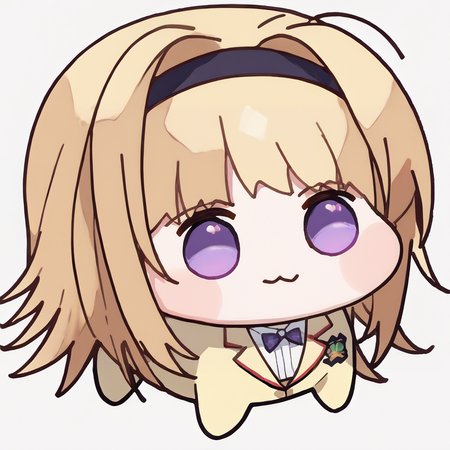 score_9, score_8_up, score_7_up, score_6_up, source_anime, BREAK 1girl,  <lora:chnanami-pdxl-nvwls-v1-000006:1> chnanami, blonde hair, purple eyes, hairband, bowtie, yellow blazer,  <lora:Doro_X_PDXL_V1:1> doro, creature, :3, chibi, no humans, white skin, four legs, solid circle eyes, no pupils, simple background, white background
