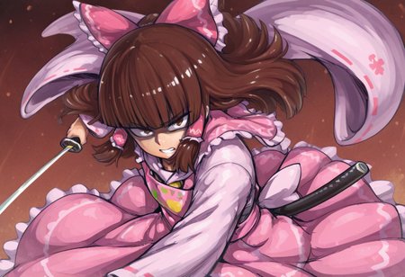 best quality, hires, looking at viewer, 
1girl, solo, rurima \(cookie\), (hakurei reimu:0.5), 
blunt bangs, brown hair, pink apron, 
katana, sheath, 
clenched teeth, shaded face, serious, 
dynamic pose, floating hair, floating clothes,