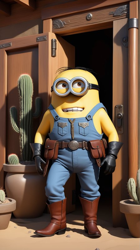 fantasy, archaeology  theme, <lora:MinionStyleXL:1> MinionStyle   looking down, focus on character, solo, upper body, detailed face, (<lora:TotemPunkAI:0.5>, totempunkai theme:1.1), renegade,  holster,  poncho, sheriff badge, dynamic movement, determined gaze, 19th century wild west,  wild west era saloon  with saloon doors in background, cacti, high noon, epic atmosphere,  as a minion