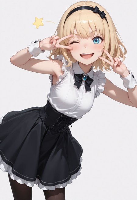 masterpiece,best quality,absurdres,highres,very aesthetic,high quality,detailed,insanely detailed,beautiful,perfect lighting, looking at viewer, 
<lora:Leivinia Birdway illu:1> 1girl, blonde hair, blue eyes, short hair,
1girl, simple background, one eye closed,  smile, , white background, black skirt, open mouth, high-waist skirt, wrist cuffs, star (symbol), looking at viewer, , v over eye, upper teeth only, hairband, sleeveless shirt,  ;d, pantyhose, frills, bow, blush, , dress