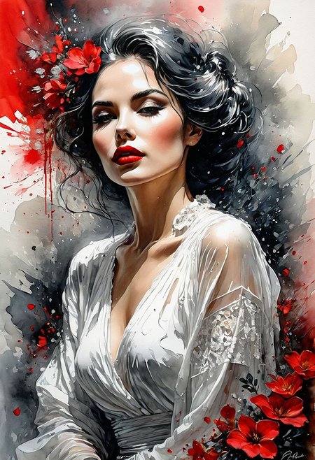 Mixed media masterpiece, oil painting meets pen and ink, alcohol ink on white, double exposure, hyperdetailed elegant lady, red lips, surrounded by delicate flowers, combination of calligraphy and lettering script, thick brushstrokes, palette-knife smudges, artful splashes and splatters, Gabriele Dell'Otto and Bob Peak influence, bright saturated colors, watercolor, oil paints, HDR, 500px, 4k, cinematic